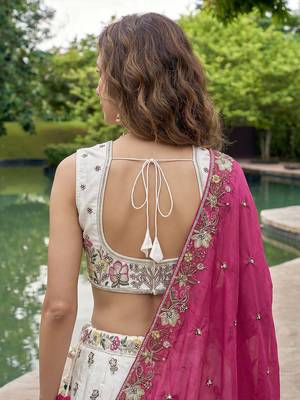 Women's White & Pink Chiffon Beads with Embroidered Lehenga Choli with Dupatta 3