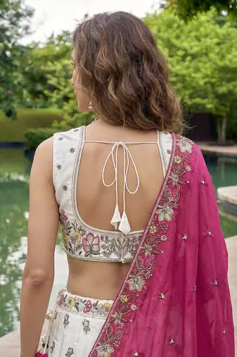 Women's White & Pink Chiffon Beads with Embroidered Lehenga Choli with Dupatta