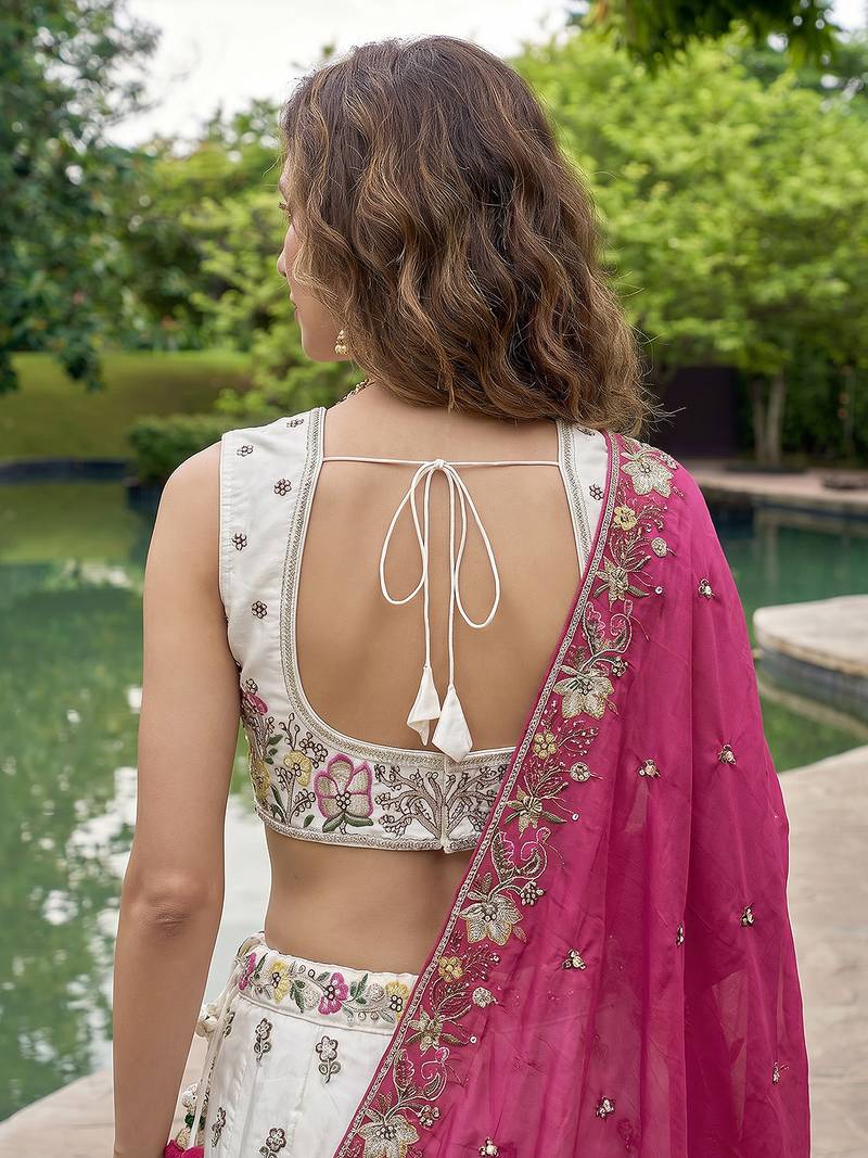 Women's White & Pink Chiffon Beads with Embroidered Lehenga Choli with Dupatta