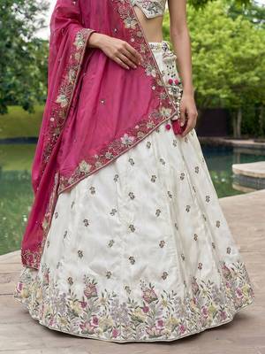 Women's White & Pink Chiffon Beads with Embroidered Lehenga Choli with Dupatta 4
