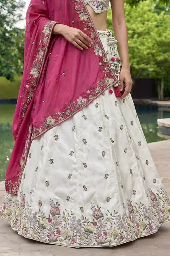 Women's White & Pink Chiffon Beads with Embroidered Lehenga Choli with Dupatta