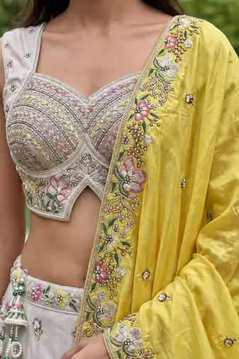 Women's Grey & Mustard Chiffon Beads with Embroidered Lehenga Choli with Dupatta