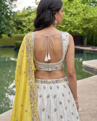 Women's Grey & Mustard Chiffon Beads with Embroidered Lehenga Choli with Dupatta 3