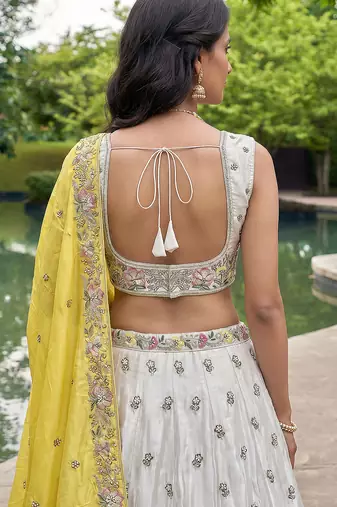 Women's Grey & Mustard Chiffon Beads with Embroidered Lehenga Choli with Dupatta