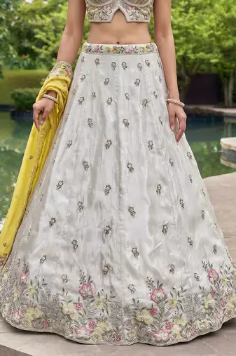 Women's Grey & Mustard Chiffon Beads with Embroidered Lehenga Choli with Dupatta