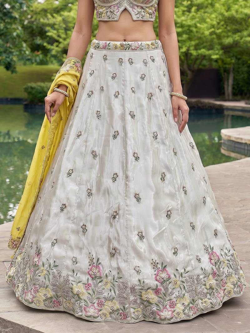 Women's Grey & Mustard Chiffon Beads with Embroidered Lehenga Choli with Dupatta