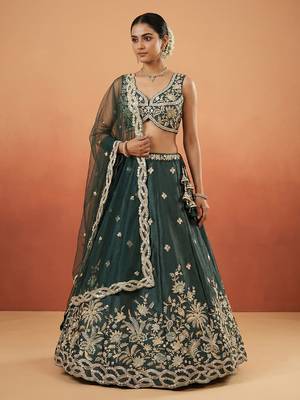 Women's Dark Green Tissue Beads with Embroidered Lehenga Choli with Dupatta 1