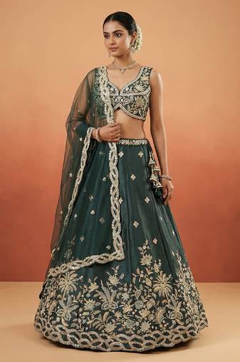 Women's Dark Green Tissue Beads with Embroidered Lehenga Choli with Dupatta
