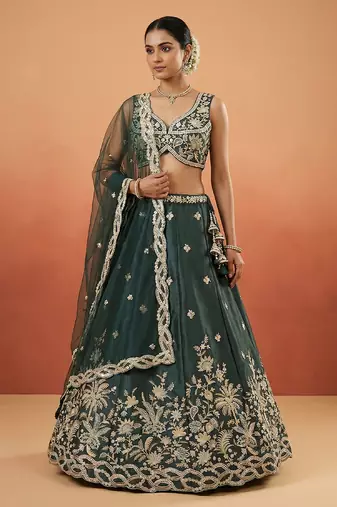 Women's Dark Green Tissue Beads with Embroidered Lehenga Choli with Dupatta