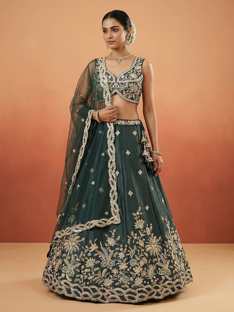 Women's Dark Green Tissue Beads with Embroidered Lehenga Choli with Dupatta