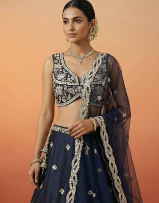 Women's Dark Blue Tissue Beads with Embroidered Lehenga Choli with Dupatta 2