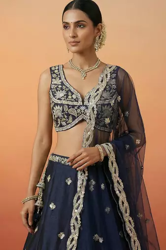 Women's Dark Blue Tissue Beads with Embroidered Lehenga Choli with Dupatta