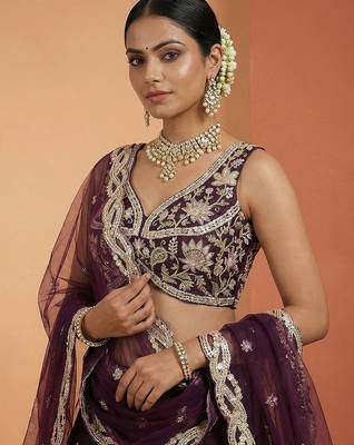 Women's Wine Tissue Beads with Embroidered Lehenga Choli with Dupatta 2