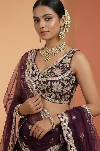 Women's Wine Tissue Beads with Embroidered Lehenga Choli with Dupatta