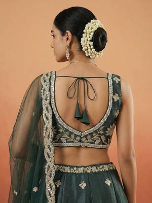 Women's Dark Green Tissue Beads with Embroidered Lehenga Choli with Dupatta 2