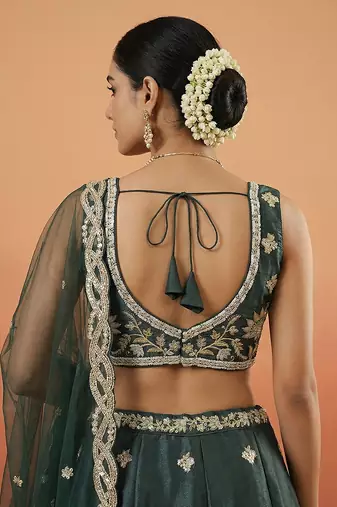 Women's Dark Green Tissue Beads with Embroidered Lehenga Choli with Dupatta
