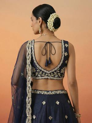 Women's Dark Blue Tissue Beads with Embroidered Lehenga Choli with Dupatta 3