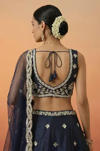 Women's Dark Blue Tissue Beads with Embroidered Lehenga Choli with Dupatta
