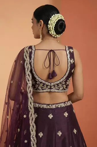 Women's Wine Tissue Beads with Embroidered Lehenga Choli with Dupatta