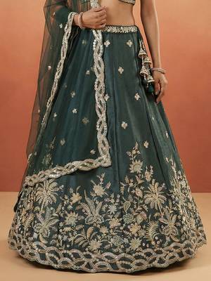 Women's Dark Green Tissue Beads with Embroidered Lehenga Choli with Dupatta 3