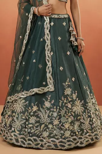 Women's Dark Green Tissue Beads with Embroidered Lehenga Choli with Dupatta