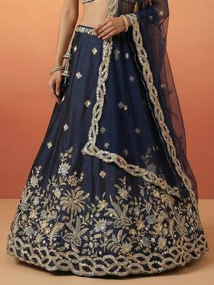 Women's Dark Blue Tissue Beads with Embroidered Lehenga Choli with Dupatta 4