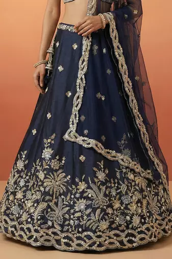 Women's Dark Blue Tissue Beads with Embroidered Lehenga Choli with Dupatta