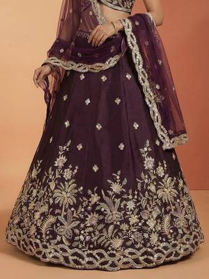 Women's Wine Tissue Beads with Embroidered Lehenga Choli with Dupatta 4