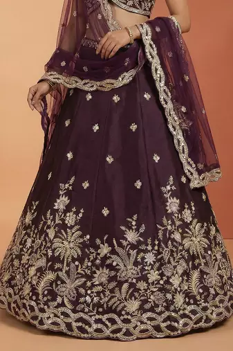 Women's Wine Tissue Beads with Embroidered Lehenga Choli with Dupatta
