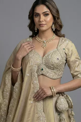 Women's Golden Silk Tissue Beads with Embroidered Lehenga Choli with Dupatta