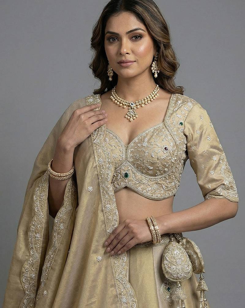 Women's Golden Silk Tissue Beads with Embroidered Lehenga Choli with Dupatta