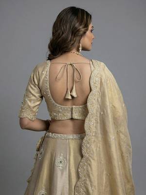 Women's Golden Silk Tissue Beads with Embroidered Lehenga Choli with Dupatta 3