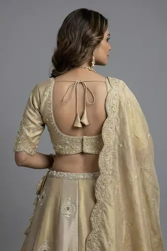 Women's Golden Silk Tissue Beads with Embroidered Lehenga Choli with Dupatta
