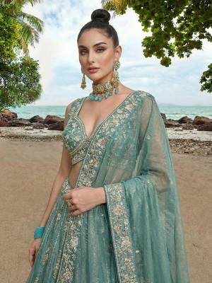 Women's Turquoise Chiffon Beads with Embroidered Lehenga Choli with Dupatta 2