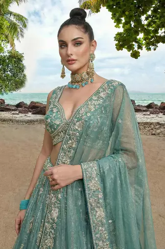 Women's Turquoise Chiffon Beads with Embroidered Lehenga Choli with Dupatta