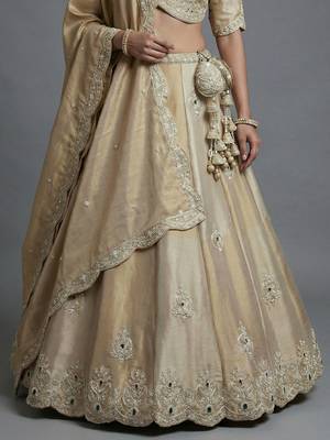 Women's Golden Silk Tissue Beads with Embroidered Lehenga Choli with Dupatta 4