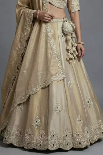 Women's Golden Silk Tissue Beads with Embroidered Lehenga Choli with Dupatta