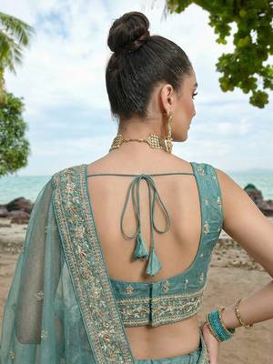 Women's Turquoise Chiffon Beads with Embroidered Lehenga Choli with Dupatta 3