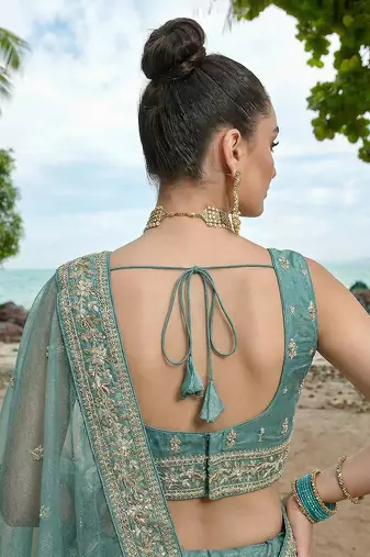 Women's Turquoise Chiffon Beads with Embroidered Lehenga Choli with Dupatta