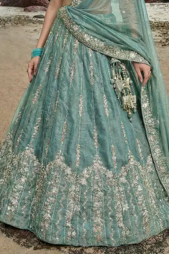 Women's Turquoise Chiffon Beads with Embroidered Lehenga Choli with Dupatta