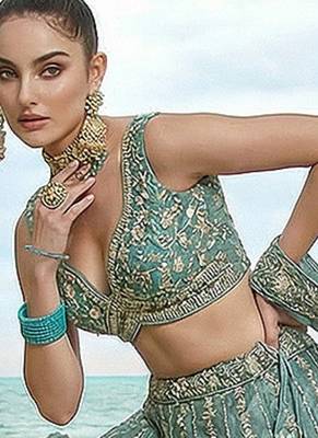 Women's Turquoise Chiffon Beads with Embroidered Lehenga Choli with Dupatta 5
