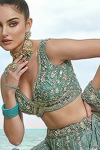 Women's Turquoise Chiffon Beads with Embroidered Lehenga Choli with Dupatta