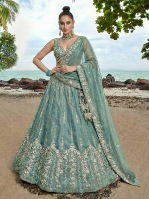 Women's Turquoise Chiffon Beads with Embroidered Lehenga Choli with Dupatta 1