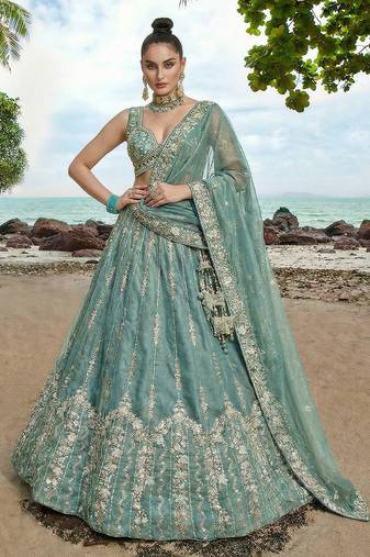 Women's Turquoise Chiffon Beads with Embroidered Lehenga Choli with Dupatta