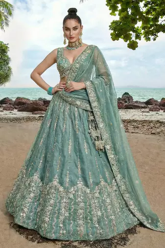 Women's Turquoise Chiffon Beads with Embroidered Lehenga Choli with Dupatta