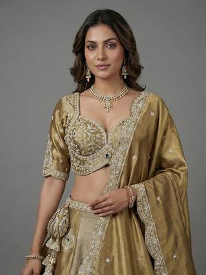 Women's Beige Gold Tissue Beads with Embroidered Lehenga Choli with Dupatta 2