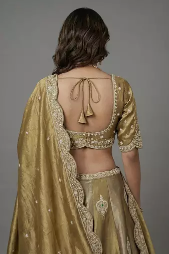 Women's Beige Gold Tissue Beads with Embroidered Lehenga Choli with Dupatta
