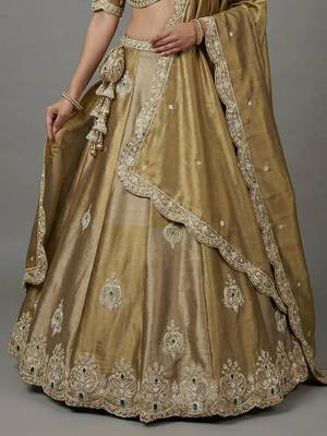 Women's Beige Gold Tissue Beads with Embroidered Lehenga Choli with Dupatta 4
