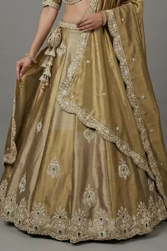 Women's Beige Gold Tissue Beads with Embroidered Lehenga Choli with Dupatta