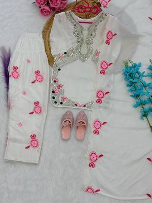 White natural crepe embroidery sequence work girls kids dress set 6